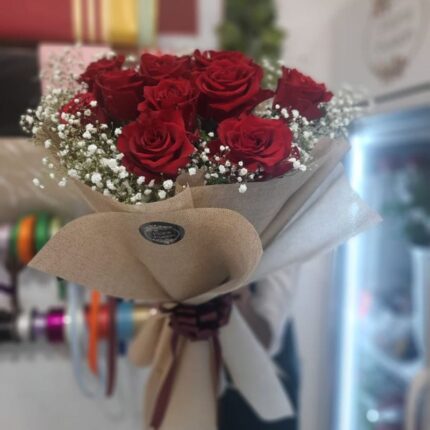 Elegant Love Bouquet – 13 Imported Red Roses & Gypsophila