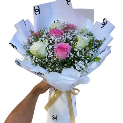 Elegant Harmony Bouquet – White & Pink Imported Roses with Gypsophila